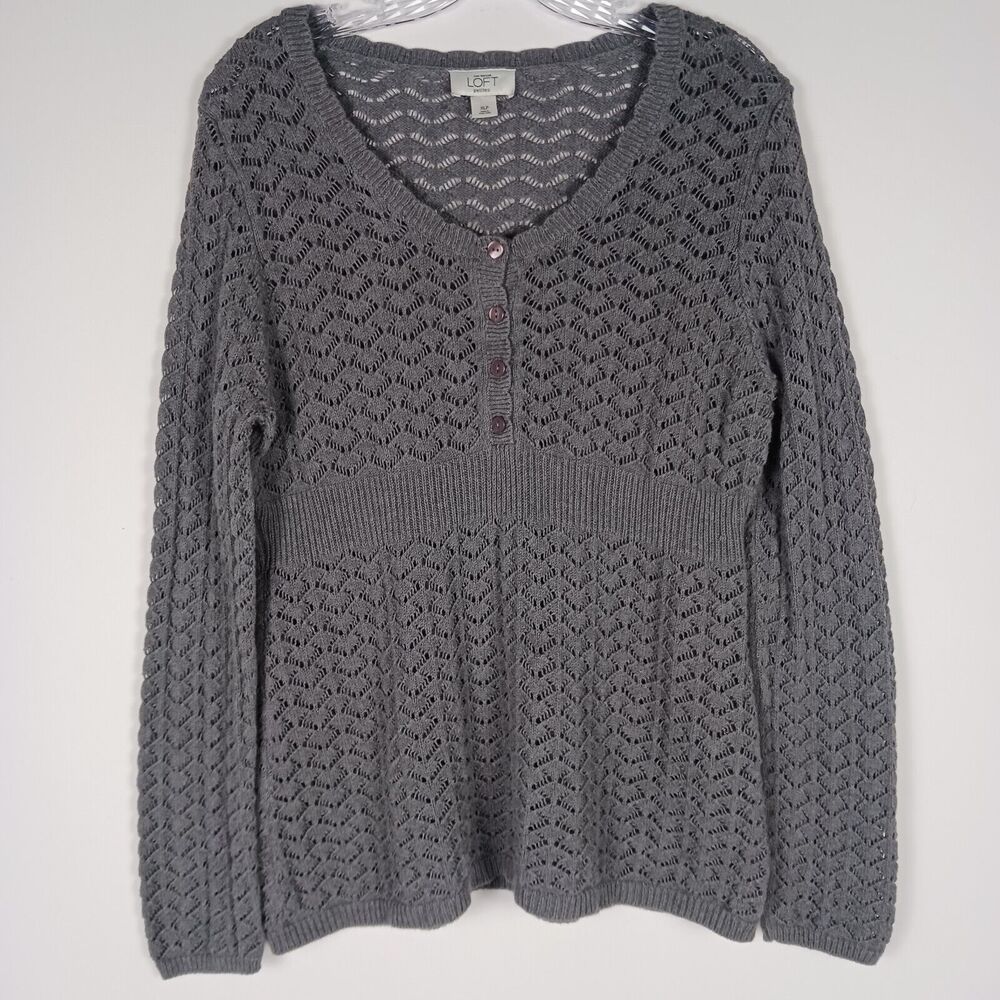Ann Taylor Loft Sweater XLP Open Knit Gray Cotton